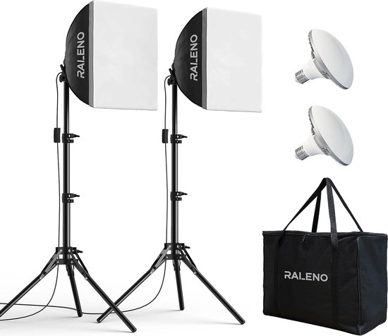 RALENO PS080 Softbox Studiolamp - 50W - 5500K - 90CRI LED-lamp - Studioflitser Continu Fotostudio-Apparatuur - Softboxen Fotografie - 16'' x 16'' x 2-Sets