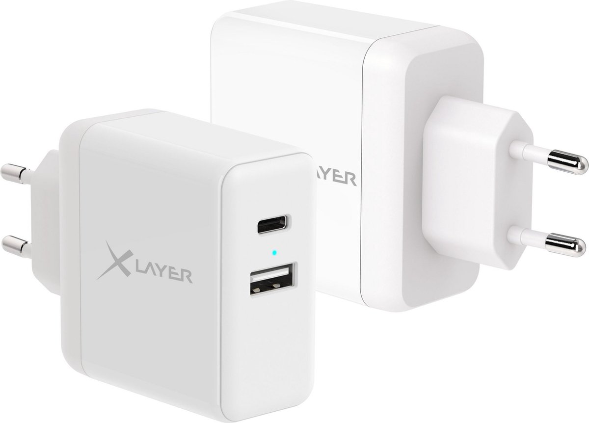 XLayer - Wandlader / Oplader - Dual Charger - USB-C + USB QC3.0 12W - Adapter / Oplader Geschikt Voor Apple Iphone & Samsung - Wit