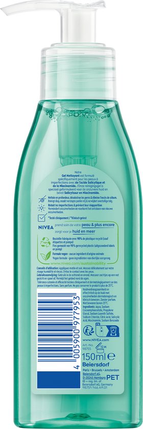 Achterkant Nivea Derma Skin Clear reinigingsgel. Beschrijving met ingrediënten en vegan statement.