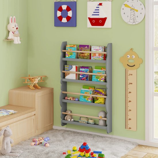 SoBuy KMB47-W Kinderrek Met 3 Vakken, Boekenrek, Opbergrek Voor Kinderen Staand Rek Met Massief Houten Poten