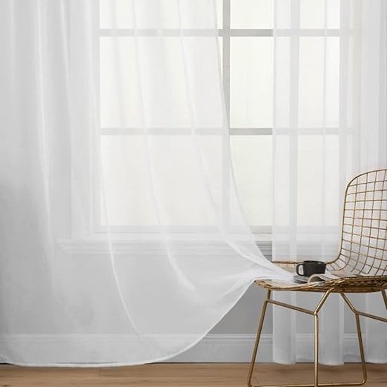 Voile-gordijnen, 2-delige set, transparant, polyester, met lussen voor stang, luchtig, decoratief, voor slaapkamer en woonkamer, wit, 140 x 245 cm (b x h), Rod Pocket