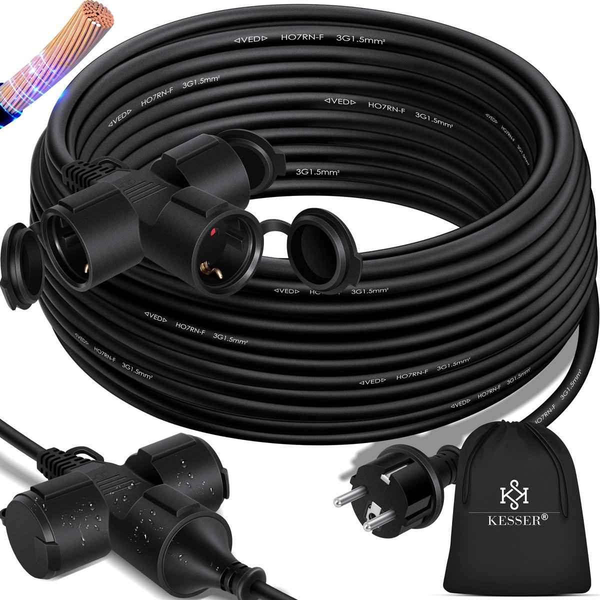 KESSER® Verlengkabel 25 meter met 3x stekkerdoos voor binnen en buiten IP44 - Verlengsnoer met Stekker