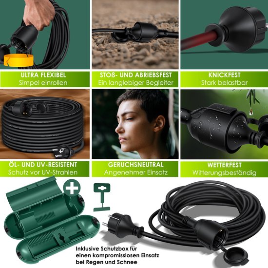 KESSER® Verlengkabel 25 m met beschermkap voor buiten - voor binnen en buiten - verlengkabel - 230 V IP44 - met Schuko stekker - geaard contact bouwplaatkabel geaarde stekker