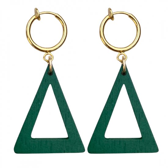 Klem oorbellen -groen -hout -goudkleurig -driehoek-Geen gaatje-Charme Bijoux