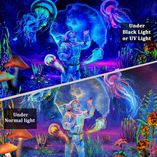 Ulticool - Astronaut Kwallen Jellyfish - Glow in the Dark Tapestry Decoratie Magic - Psychedelisch - Blacklight Party Wandkleed Achtergronddoek - 200x150 cm - Backdrop UV Lamp Reactive - Groot wandtapijt - Poster - Neon Fluor Verlichting