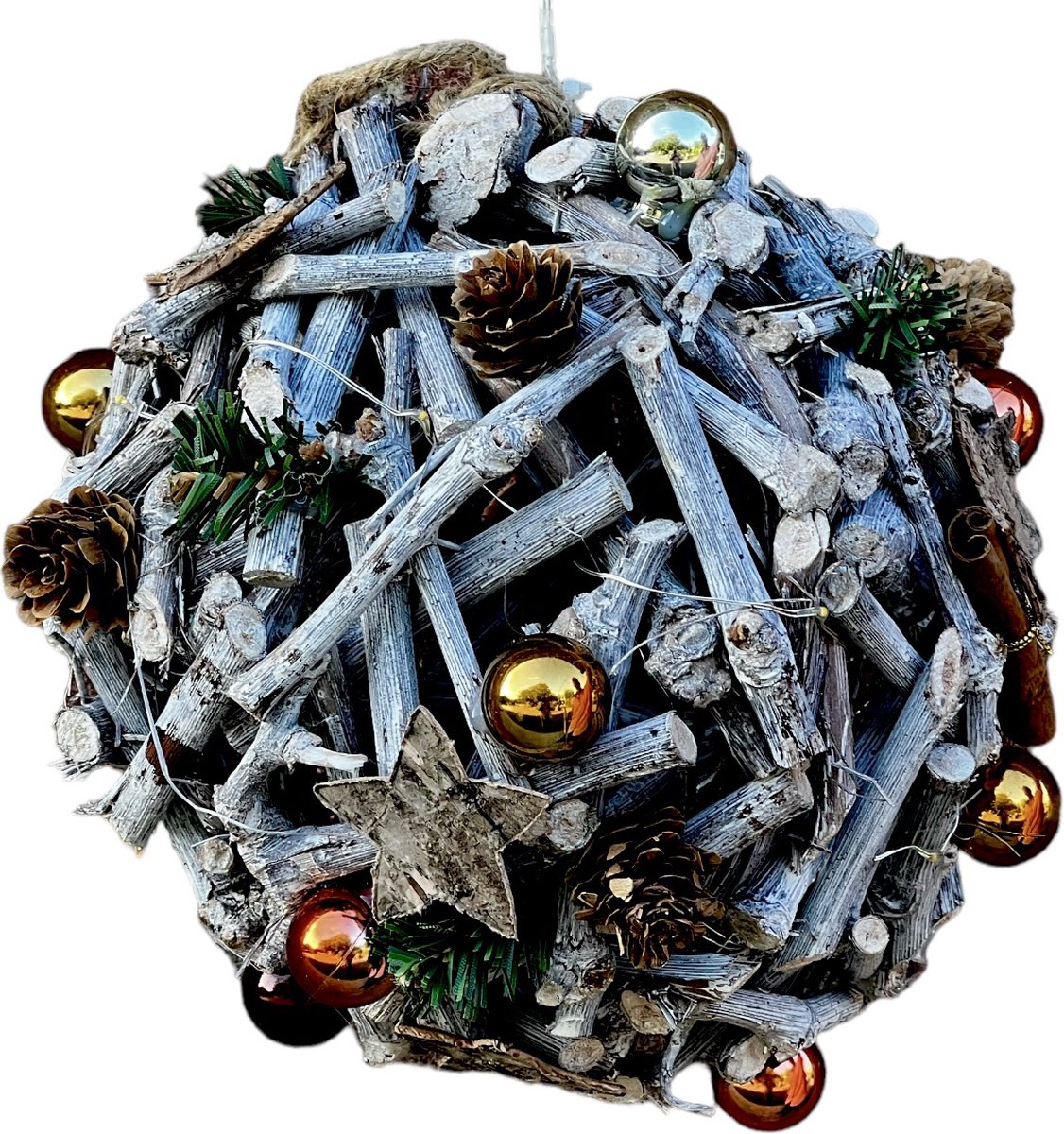 DECO - Kerst - Takkenbal - Kopermix -  Rond 19 cm - voorzien van 10 Micro Ledlampjes.