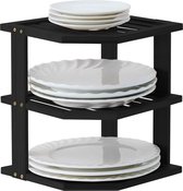 Organisateur de vaisselle en bambou 25 x 25 x 25 cm, insert d'armoire d'angle 3 niveaux pour étagère de cuisine, égouttoir à vaisselle, égouttoir à vaisselle, support à assiettes, noir