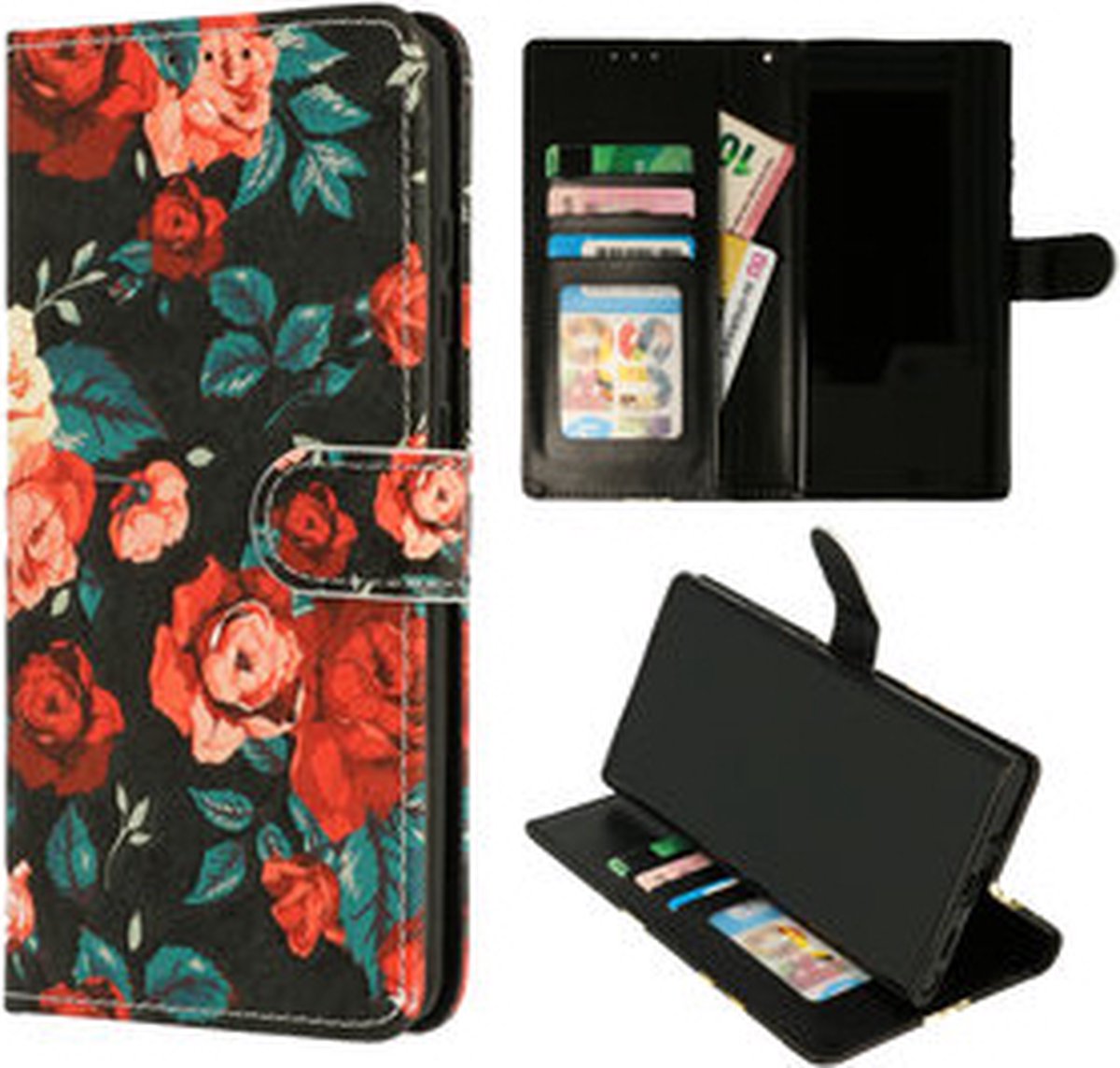 Cityhoesje–Bookcase iPhone 15 Pro Max – incl. Pasjeshouder Rood Pioenrozen
