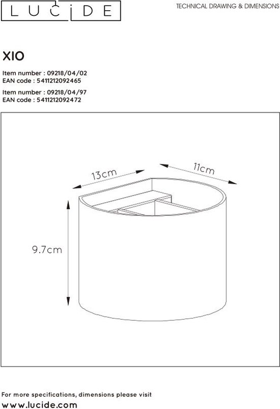Technische tekening van de matgouden XIO wandlamp met afmetingen.