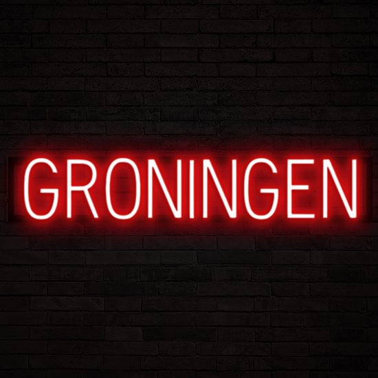 GRONINGEN - Lichtreclame Neon LED bord verlicht | SpellBrite | 84,05 x 16 cm | 6 Dimstanden - 8 Lichtanimaties | Reclamebord neon verlichting