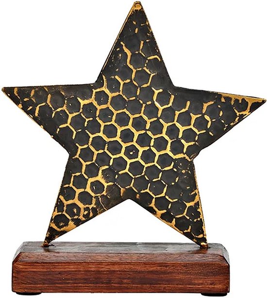 Kerst - Kerstdagen - Kerstmis - Feestdagen - Ster - Zwart met goudmetalen STER op mangohouten sokkel