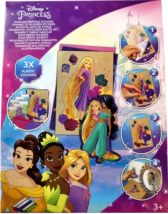 Disney Princess - Diamond painting stickers - 3 vellen - met bakje, pen, lijm en kunststof steentjes - sinterklaas - schoenkado - cadeau - verjaardag