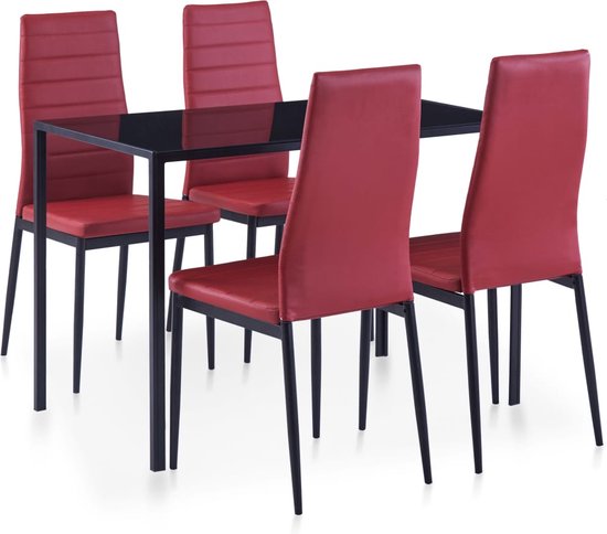 The Living Store Eetkamerset Wijnrood - 5-delig - Gehard glas - Kunstleer - Afmetingen tafel- 105 x 60 x 74 cm - Afmetingen stoel- 43 x 50 x 96 cm