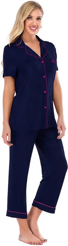 Bamboe Pyjama Set - Huispak - Dames - Ademend - Zacht - Lange Broek - Hypoallergeen - Donkerblauw - M