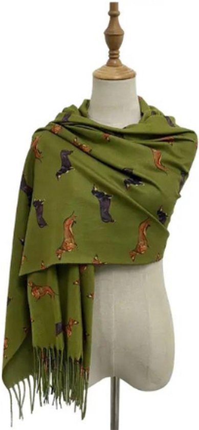 Gek op Teckels | Sjaal met Teckelprint en kwastjes | Kleur Groen | Dog print