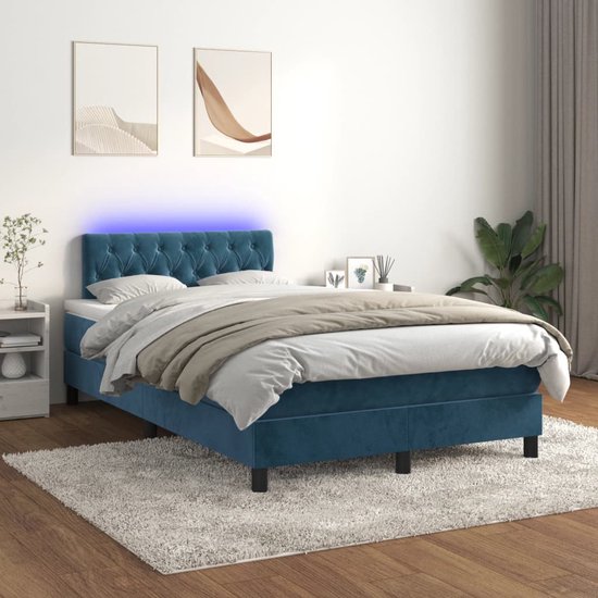 The Living Store Boxspring Fluweel - Donkerblauw - 120 x 200 cm - LED