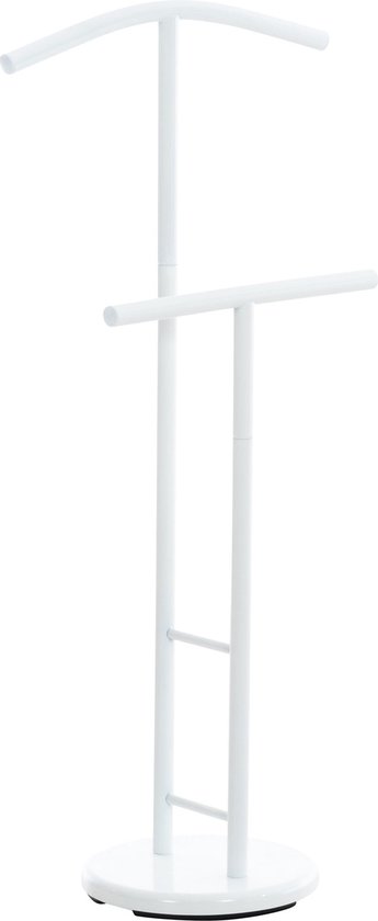 Witte kledingstandaard met gebogen kleerhanger en horizontale stang op ronde voet.