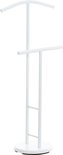 Witte kledingstandaard met gebogen kleerhanger en horizontale stang op ronde voet.