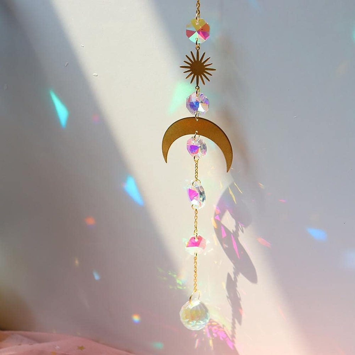 Attrape-soleil avec prisme en cristal, guirlande de phases de lune bohème,  décoration