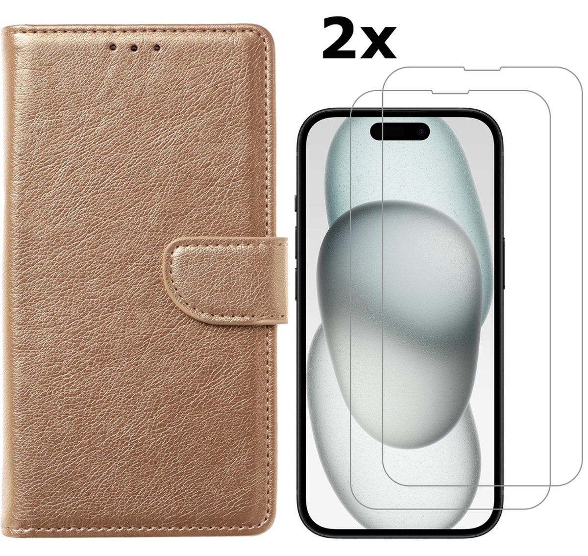 Hoesje Geschikt voor iPhone 15 Plus hoesje bookcase met 2x screenprotector – Goud