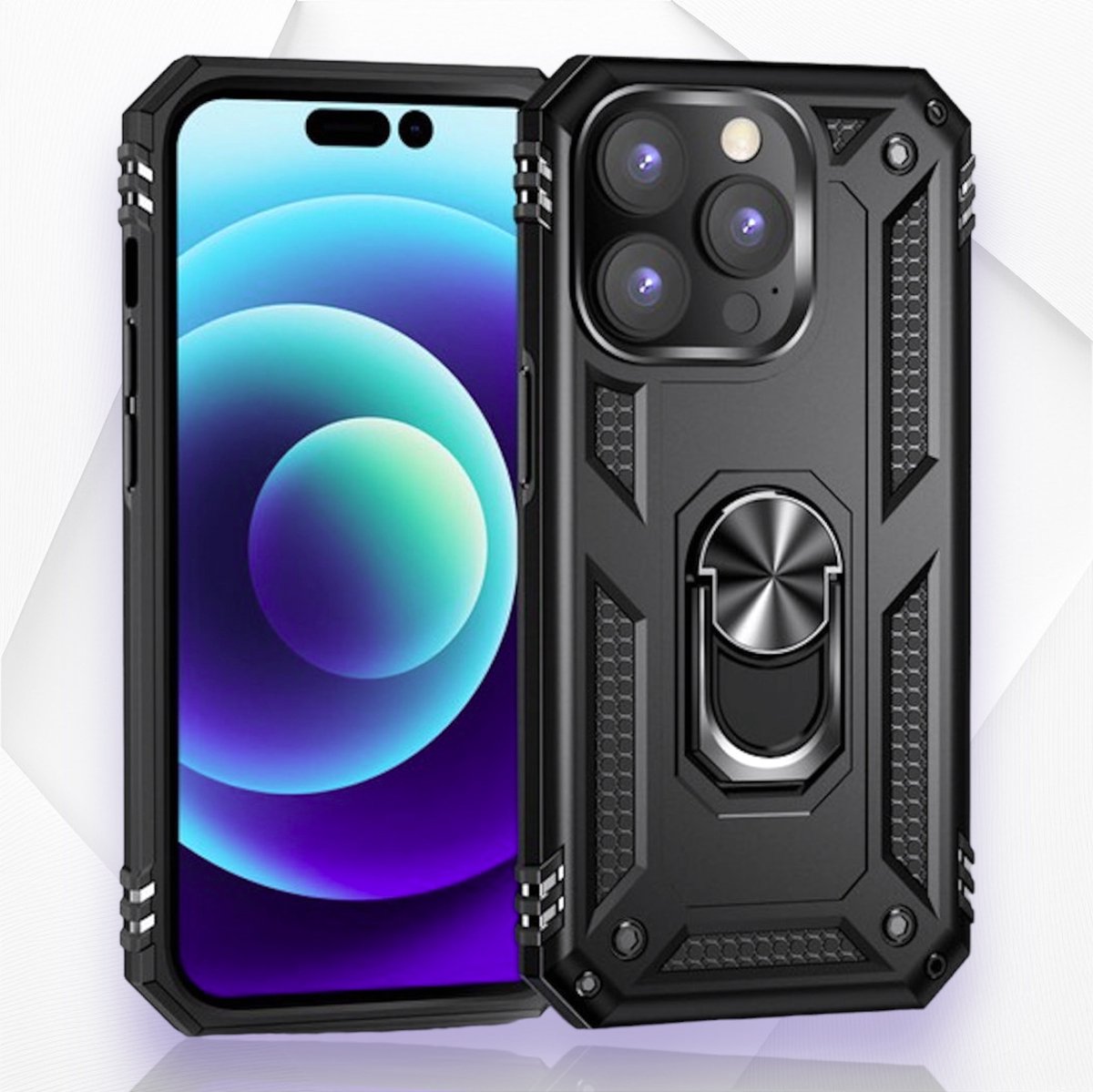 iPhone 15 Pro Max Ultieme Armor Hoesje | Extreme ShockProof iPhone 15 Pro Max Hoesje | Ultra Hybrid Krachtige Army Case | Luxe Case 360° Rotating Ring Grip Kickstand
