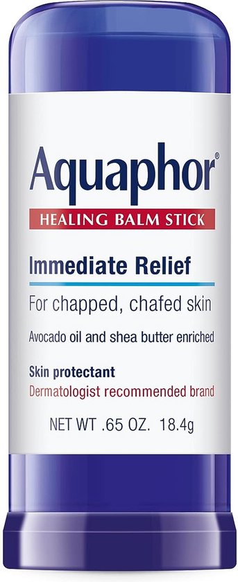Aquaphor Healing Balm Stick met onmiddellijke verlichting voor schrale, geïrriteerde huid, verrijkt met avocado-olie en sheaboter.