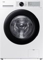 Witte Samsung wasmachine met zwarte ronde deuropening, bedieningspaneel en onderklep.