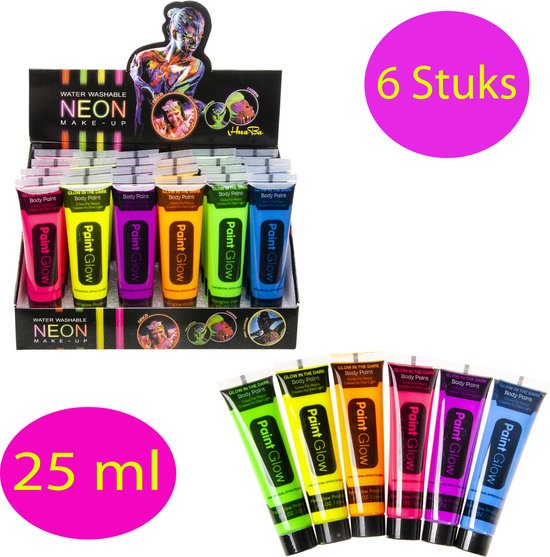 Foto: Lg 6x 25ml body paint glow in the dark xl face paint neon gezichtsverf lichaamsverf roze geel groen paars oranje blauw xl tubes carnaval