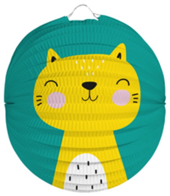 Papieren lampion met een gele kat, turquoise achtergrond.