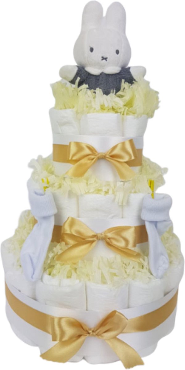 Luiertaart neutraal 3-laags met Nijntje, 45 A-merk pampers en XL kaart - kraamcadeau - babyshower- pampertaart Luiertaart neutraal 3-laags met Nijntje, 45 A-merk pampers en XL kaart - kraamcadeau - babyshower- pampertaart
