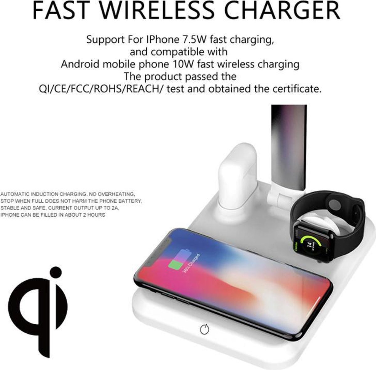 DrPhone DX4 - USB Wireless 4 IN 1 Oplader + Dock Geschikt voor iOS/Android Smartphones + iOS Watch 38/40/42/44mm + AirPods 1/2 + Bureau LED Lamp - Zwart — cadeau in Gadgets - foto 4