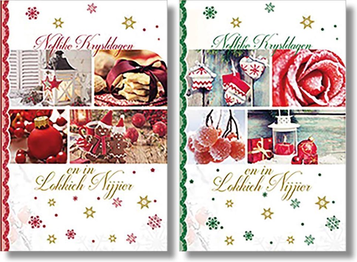 MGPcards - 2 doosjes à 10 Luxe dubbele wenskaarten - Friese tekst - Kerst/Nieuwjaar - Foliebewerking - Witte envelop - 10.5 x 16 cm - 2 Motieven per doosje