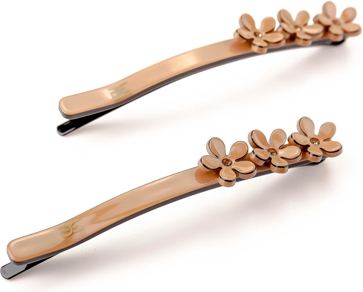 Luxe haar schuifspeldje bloempjes & strass (2 set) coffee bruin.