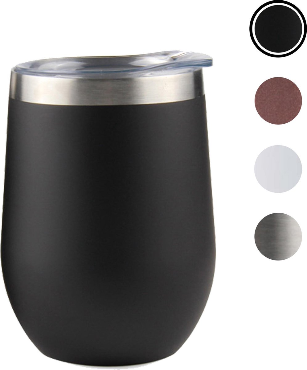 Tumbler Matte Black - wine tumbler - wijnglas zonder voet - luxe wijnkoeler - RVS - isolerend – cocktail drinkbeker - 350ml - kleur - met deksel