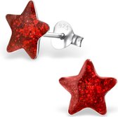 Joy|S - Zilveren glitter rood ster oorbellen 9 mm
