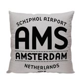 Amsterdam Letters (AMS) - Sierkussen - Kleur Grijs - 40 x 40 cm - Reizen / Vakantie - Reisliefhebbers - Voor op de bank/bed