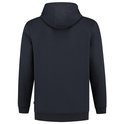 Donkerblauwe hoodie, achterkant zichtbaar, met capuchon en lange mouwen.