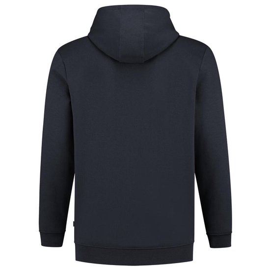 Donkerblauwe hoodie, achterkant zichtbaar, met capuchon en lange mouwen.