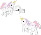 Joy|S - Zilveren eenhoorn oorbellen 10 x 7 mm roze lila unicorn