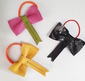 Toetie & Zo Handmade Set of Leather Hair Elastic Bow Pink / Green - Yellow - Black / Silver, accessoires pour cheveux