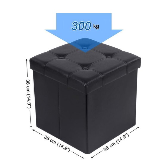 Zwarte vierkante hocker met gestoffeerd deksel en 300kg draagvermogen.