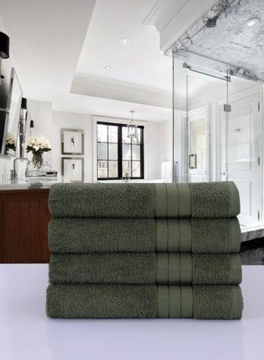 Luxe Katoen Handdoek Groen | 50x100 | Set van 4 | Met Een Geweven Bies
