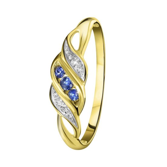 Lucardi Dames Ring met saffier en diamant 0,11ct - Ring - Cadeau - 14 Karaat Goud - Geelgoud