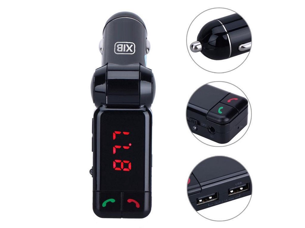 XIB Bluetooth FM Transmitter 2x USB en AUX 3.5mm Jack - MP3 autoradio - Handsfree carkit - Zwart