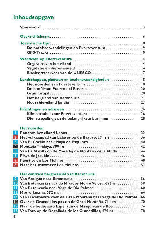 Inhoudsopgave van een wandelgids met routes op Fuerteventura, verdeeld in secties zoals 'Voorwoord' en 'Het noorden'.