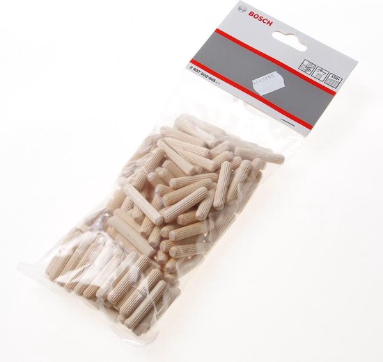 Een doorzichtige plastic verpakking met Bosch houten deuvels, 8 mm.