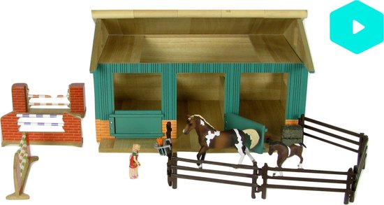 Houten Schleich paardenstal met 2 boxen, houten hindernissen,paard met  veulen en... | bol.com