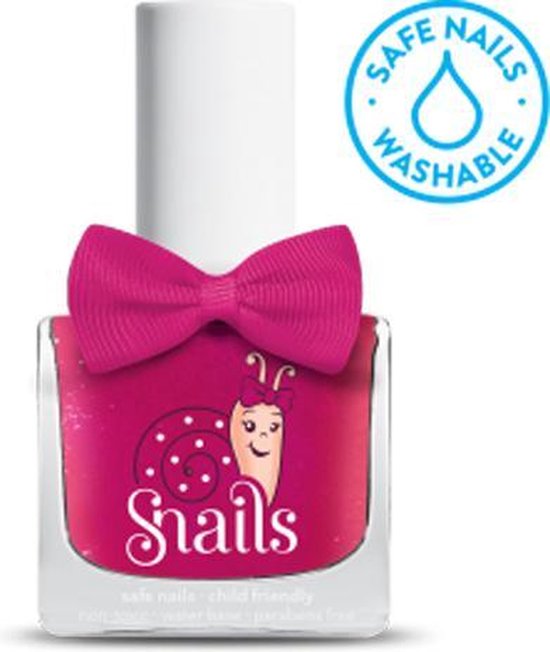 Roze nagellakflesje met strik en een slakkenafbeelding. Cirkelvormig logo met tekst: SAFE NAILS WASHABLE.