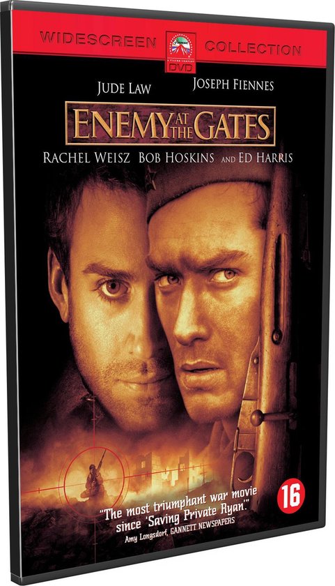 Cover van de dvd 'Enemy at the Gates'. Close-up van Jude Law en Joseph Fiennes, met een geweer en een vizier.