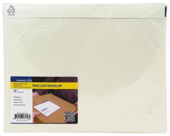 Crème paklijstenvelop met label: 225 x 165 mm, onbedrukt, 100 stuks.